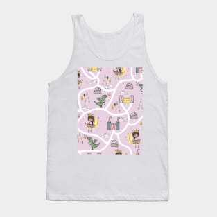 Childish seamless pattern with princess and dragon pink background Tank Top